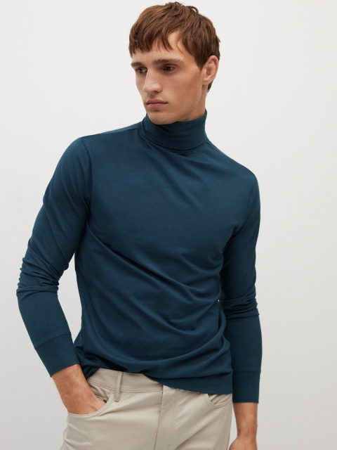 

MANGO MAN Navy Blue Sustainable Solid High Neck T-shirt