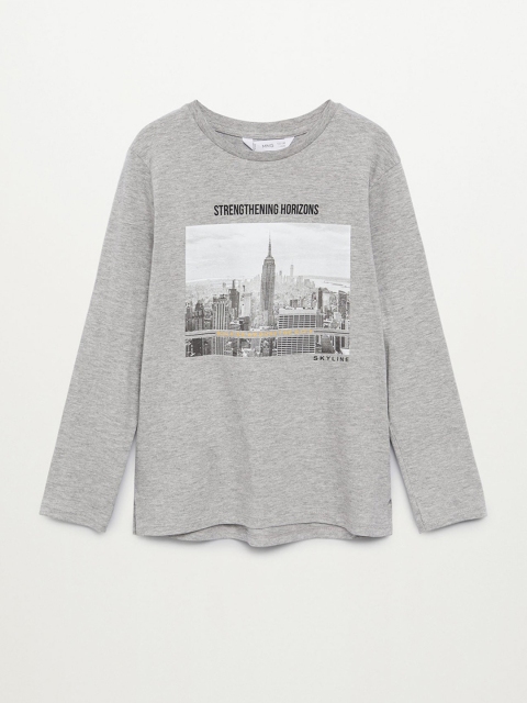 

Mango Kids Boys Grey Melange & White Graphic Print Round Neck T-shirt