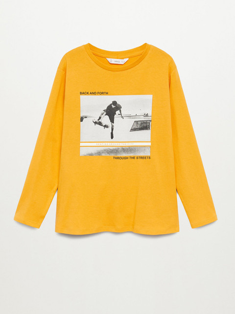 

Mango Kids Boys Yellow & White Graphic Print Organic Cotton Round Neck T-shirt