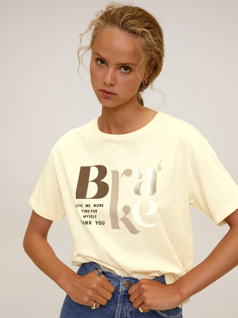 

MANGO Women Cream-Coloured & Taupe Printed Round Neck T-shirt
