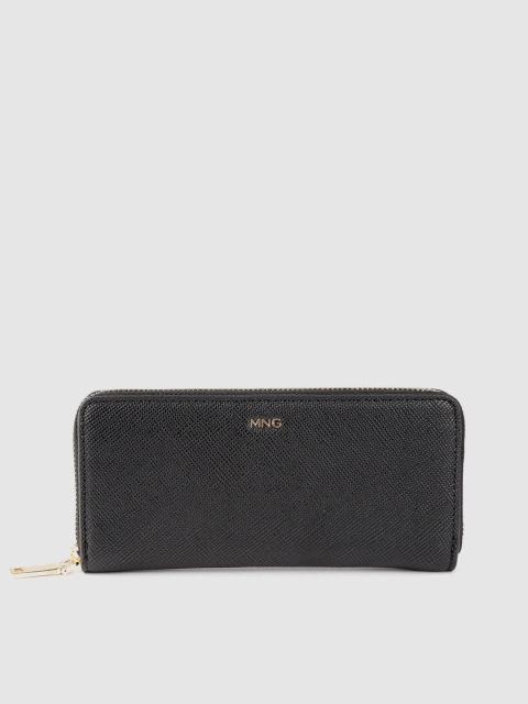 

MANGO Women Black Snakeskin Textured Zip Around Wallet