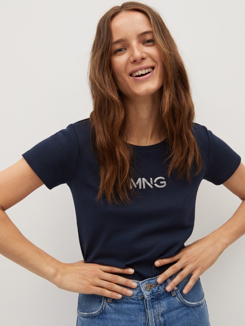 

MANGO Women Navy Blue Solid Sustainable Organic Cotton Round Neck T-shirt