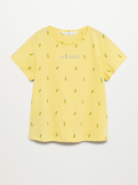 

Mango Kids Girls Yellow Organic Cotton Pineapple Print Round Neck T-shirt