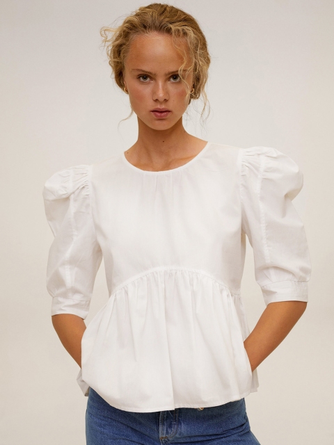 

MANGO Women Off-White Solid Pure Cotton Top