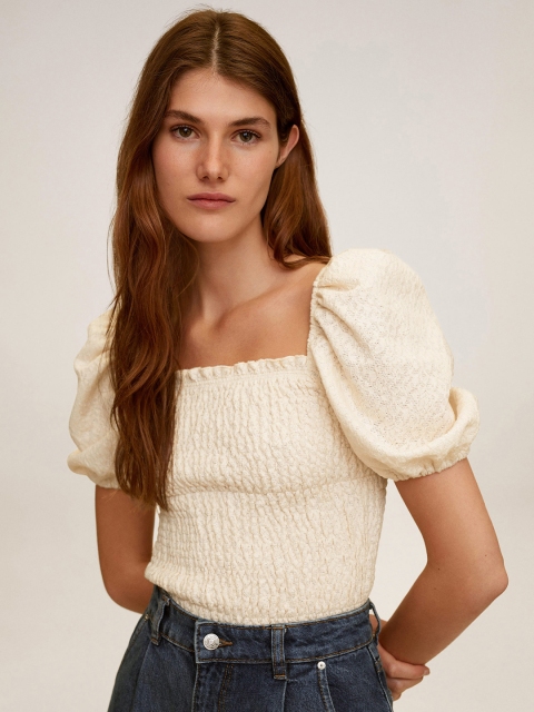

MANGO Women Cream-Coloured Smocked Detailed Solid Fitted Top