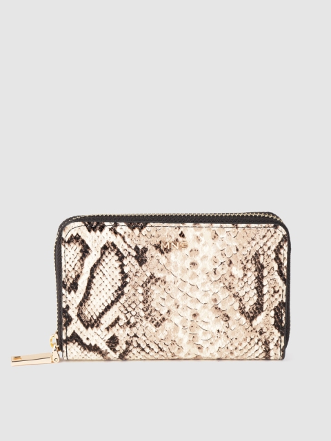 

MANGO Women Beige & Coffee Brown Snakeskin Textured Short Zip Around Wallet