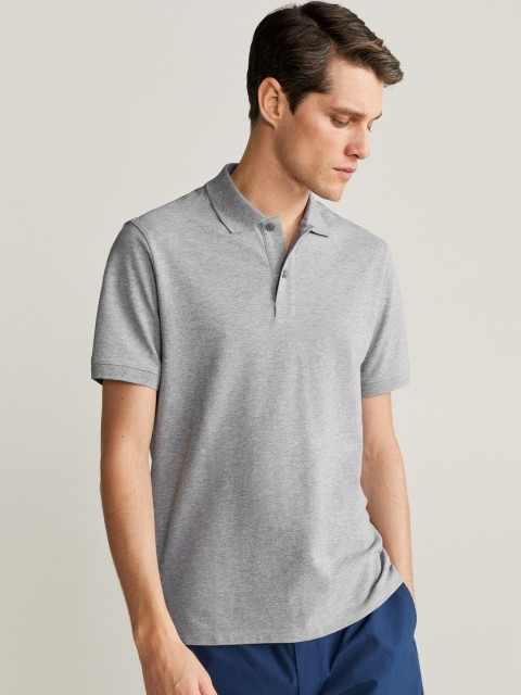

MANGO MAN Men Grey Solid Sustainable Polo Collar T-shirt