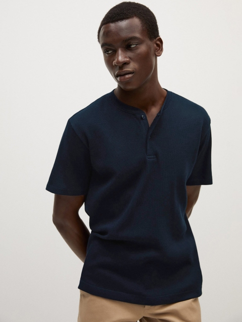 

MANGO MAN Navy Blue Sustainable Organic Cotton Self Design Henley Neck T-shirt