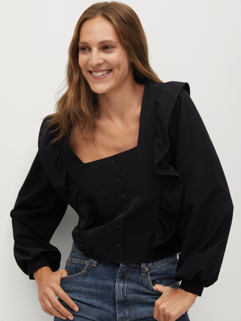 

MANGO Women Black Ruffled Detail Top