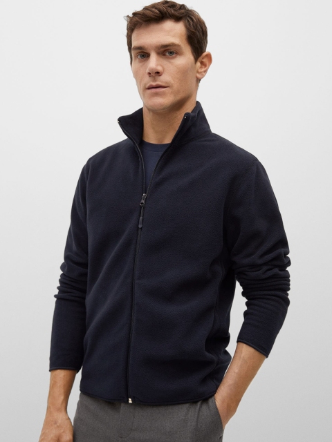 

MANGO MAN Navy Blue Solid Fleece Sweatshirt