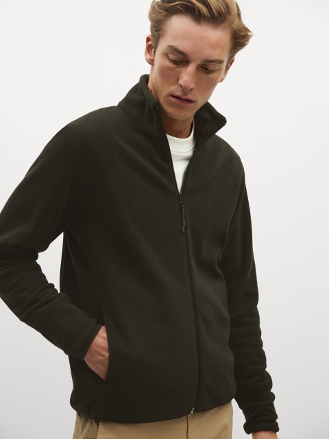 

MANGO MAN Olive Green Solid Fleece Sweatshirt