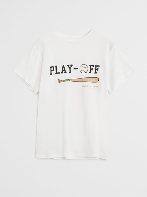 

Mango Kids Boys White & Black Baseball Print Organic Cotton Round Neck T-shirt