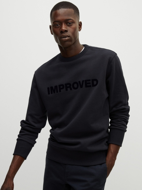 

MANGO MAN Navy Blue Solid Cordura Cotton Sweatshirt