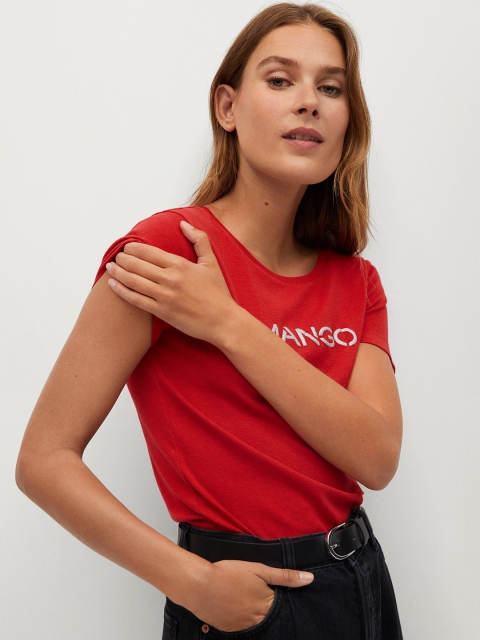 

MANGO Women Red & Silver Printed Organic Cotton Round Neck T-shirt