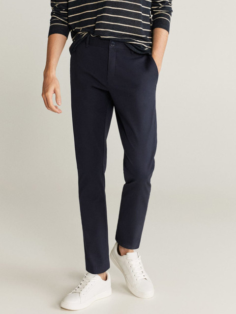

MANGO MAN Men Navy Blue Tapered Fit Solid Regular Trousers
