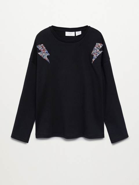 

Mango Kids Girls Black Sustainable Solid Round Neck T-shirt with Embellished Detail
