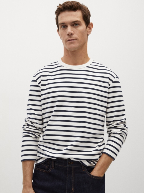 

MANGO MAN White & Navy Blue Striped Round Neck T-shirt