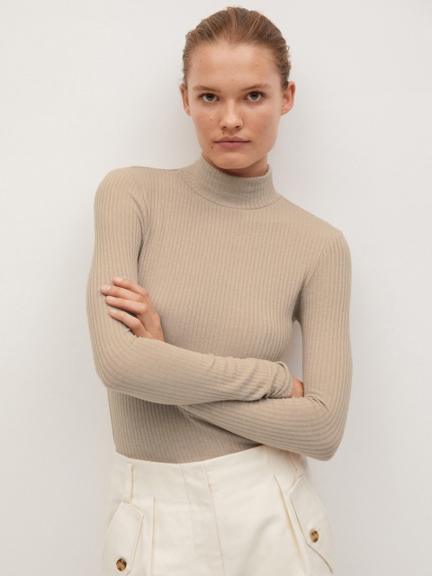 

MANGO Women Beige Self-Striped High Neck T-shirt