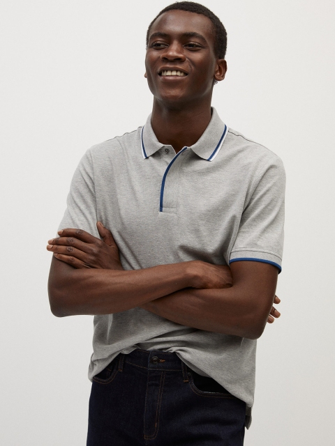 

MANGO MAN Men Grey Melange Solid Sustainable Polo Collar T-shirt
