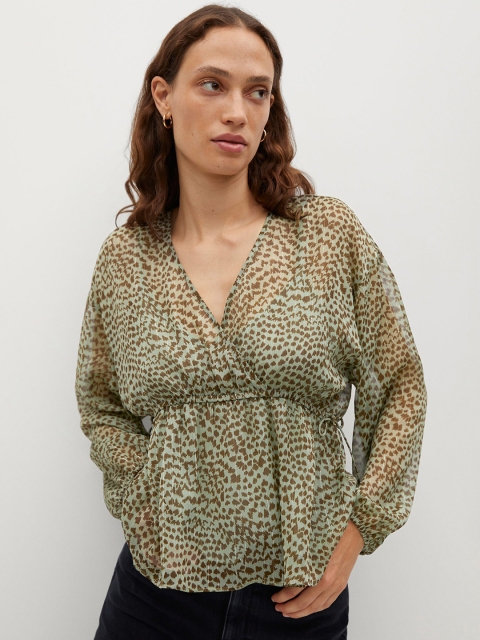 

MANGO Women Green & Brown Printed Semi-Sheer Wrap Top