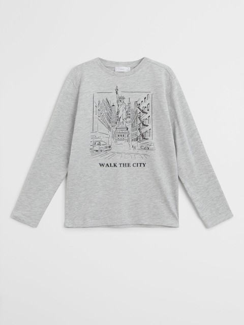 

Mango Kids Boys Grey Melange & Black Graphic Print Round Neck T-shirt