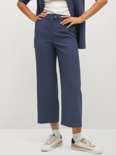 

MANGO Women Navy Blue Regular Fit Solid Cropped Parallel Trousers
