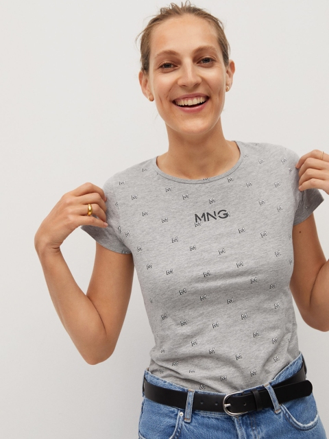 

MANGO Women Grey Melange Typography Print Sustainable Organic Cotton Round Neck T-shirt