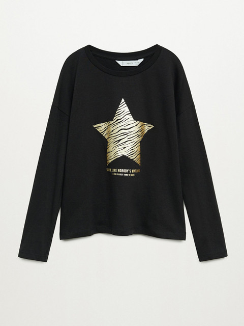 

Mango Kids Girls Black & Golden Organic Cotton Star & Tiger Print Round Neck T-shirt