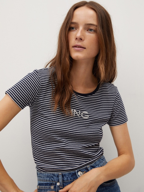 

MANGO Women Navy Blue Striped Sustainable Organic Cotton Round Neck T-shirt