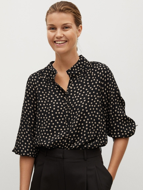 

MANGO Women Black & Beige Sustainable Polka Dots Print Shirt Style Top