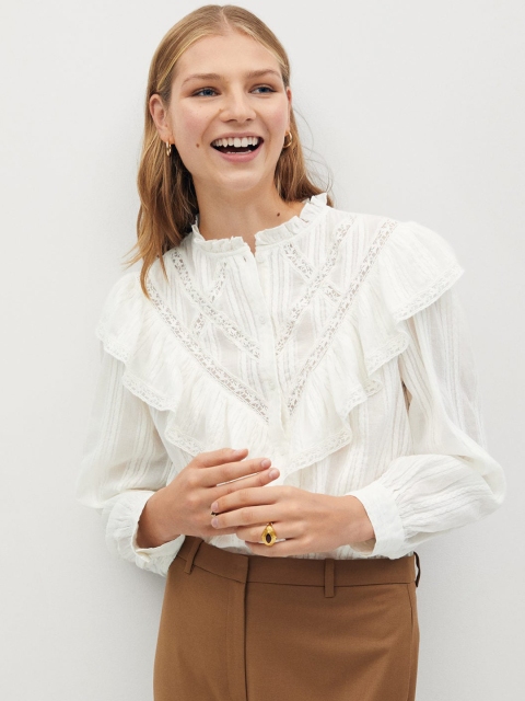 

MANGO Women Off-White Self-Striped Top