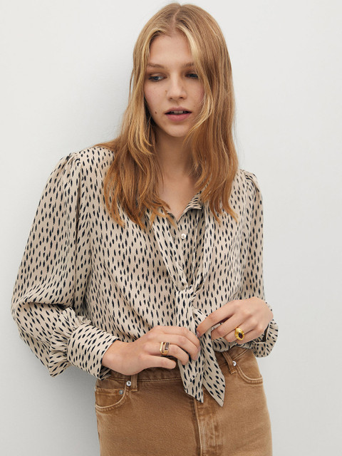 

MANGO Women Beige & Black Printed Top, Grey