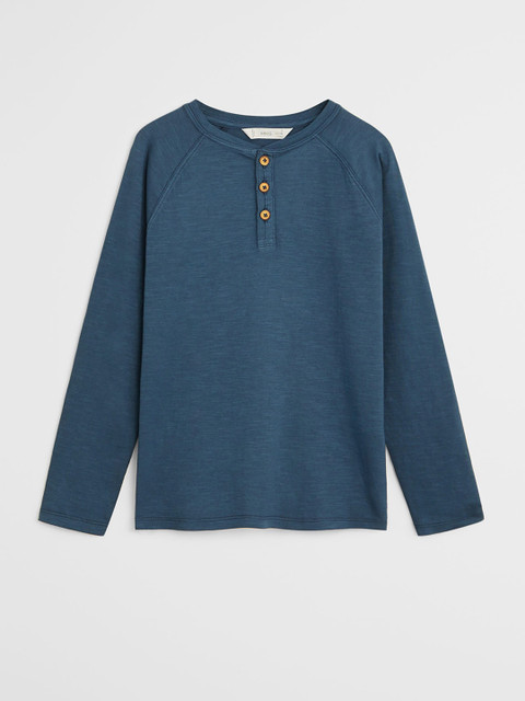 

Mango Kids Boys Navy Blue Solid Henley Neck Organic Cotton T-shirt