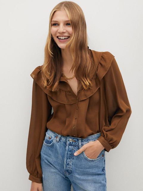 

MANGO Women Brown Solid Ruffled Sustainable Shirt Style Top