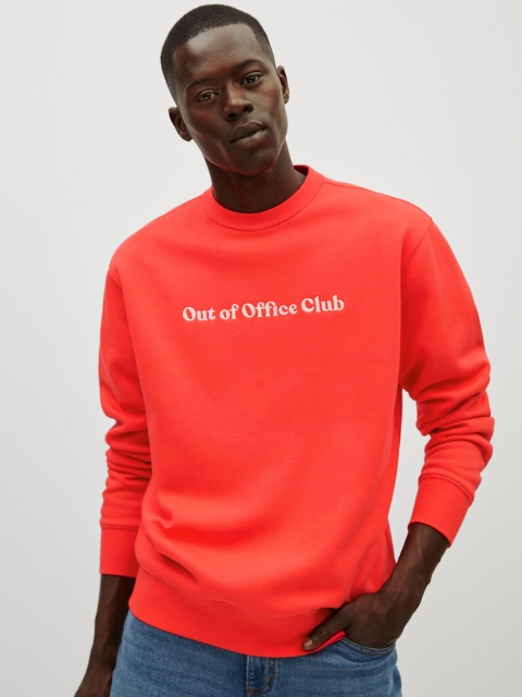 

MANGO MAN Coral Red Solid Sweatshirt with Embroidered Detail