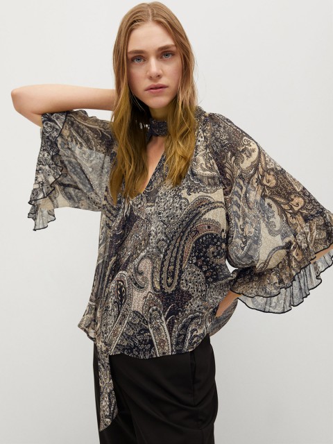 

MANGO Women Black & Beige Printed Top