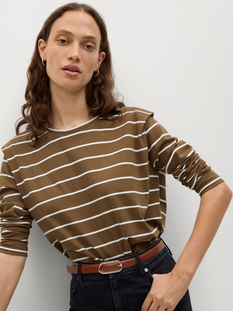 MANGO Women Olive Brown & White Striped Organic Cotton Round Neck T-shirt