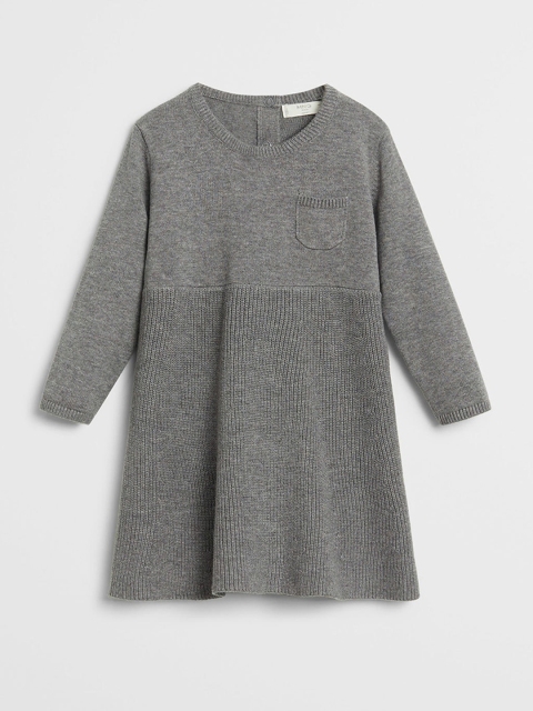 

Mango Kids Girls Grey Melange Solid Organic Cotton Knitted A-Line Dress