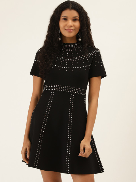 

Label Ritu Kumar Women Black & Silver Embellished A-Line Dress
