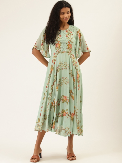 

Label Ritu Kumar Women Sea Green & Orange Floral Print A-Line Dress