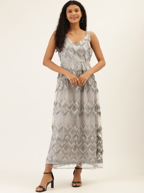 

Label Ritu Kumar Women Grey & Golden Embroidered Fringed Maxi Dress