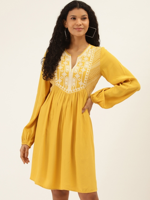 

Label Ritu Kumar Women Mustard Yellow & White Embroidered A-Line Dress