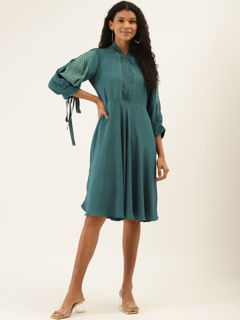 

Label Ritu Kumar Women Blue Solid Zipper Neck A-Line Dress