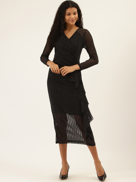

Label Ritu Kumar Women Black Self-Striped Shimmery Wrap Dress