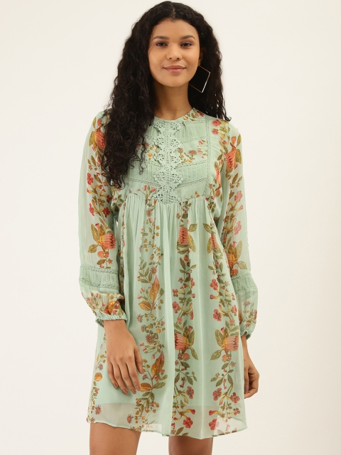 

Label Ritu Kumar Women Sea Green & Orange Floral Print A-Line Dress