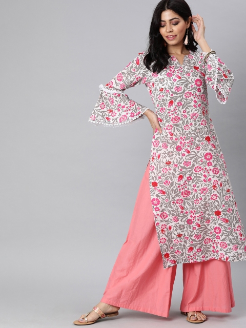 

AHIKA Women Off-White & Pink Floral Printed Straight Kurta with Bell Sleeve