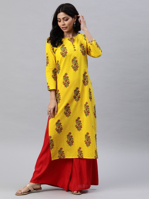 

AHIKA Women Yellow Floral Printed Straight Kurta