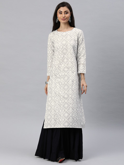 

AHIKA Women Grey & White Printed Straight Kurta