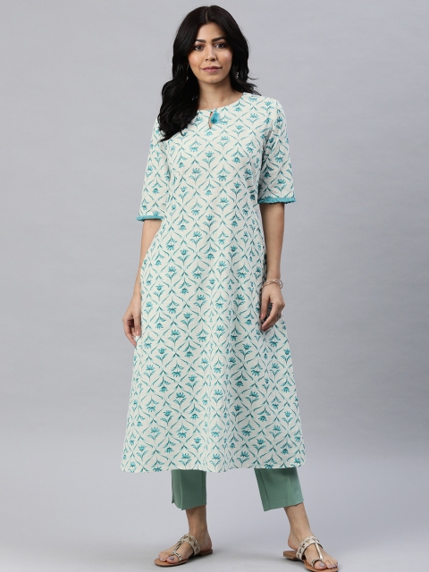 

AHIKA Women Off-White & Blue Printed A-Line Kurta