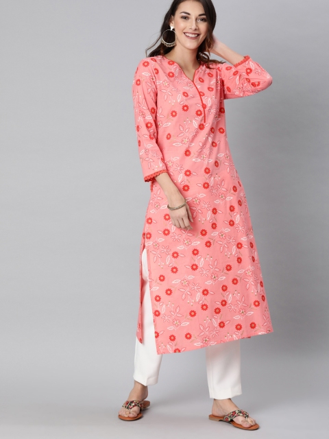 

AHIKA Women Coral Pink & Red Floral Printed Straight Kurta